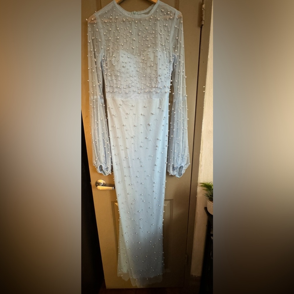 Elegant Blue Pearl-Embellished Dress
